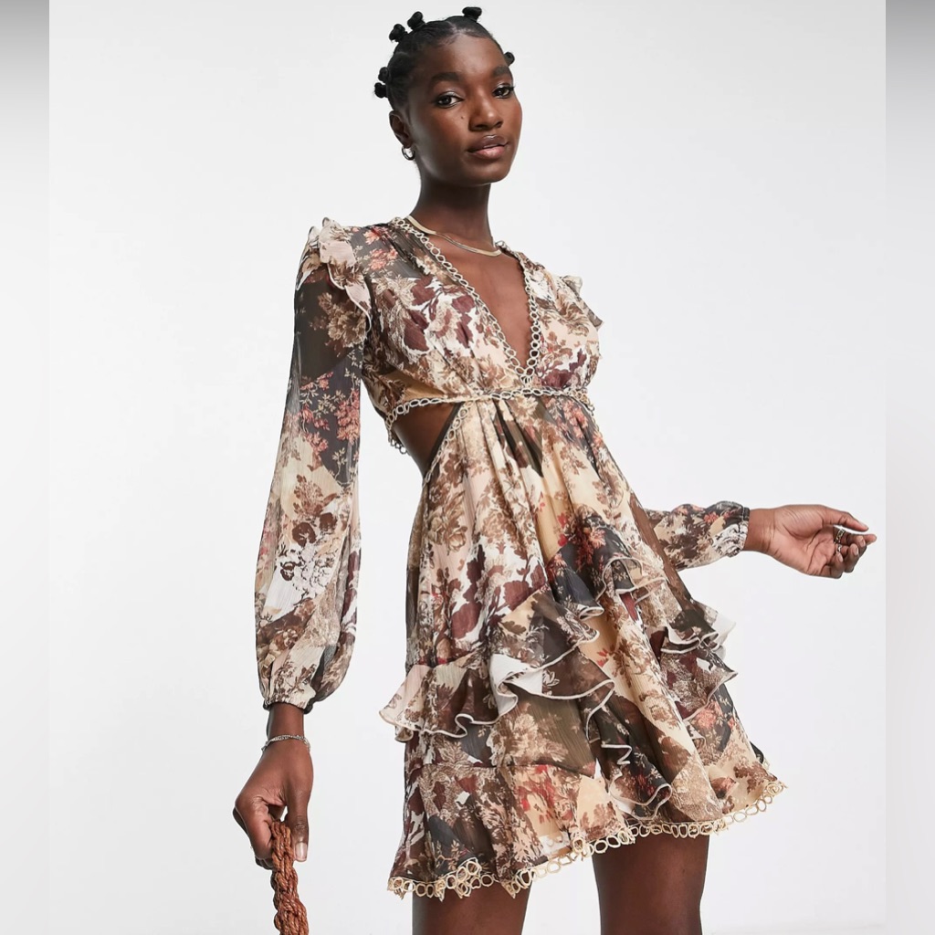 Asos Floral Brown Cut Out Mini Dress
